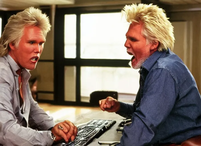 Image similar to film still of Kenny Rogers and Gary Busey yelling at a computer in the new You've Got Mail movie, 4k