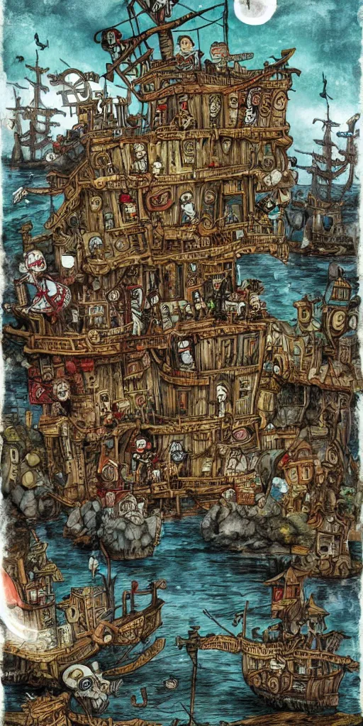 Image similar to a pirate scene by alexander jansson and where's waldo