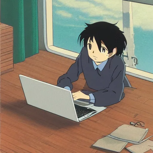Prompt: guy with black hair using a laptop, tan skin, looking down, art by hayao miyazaki, studio ghibli film, twitter pfp