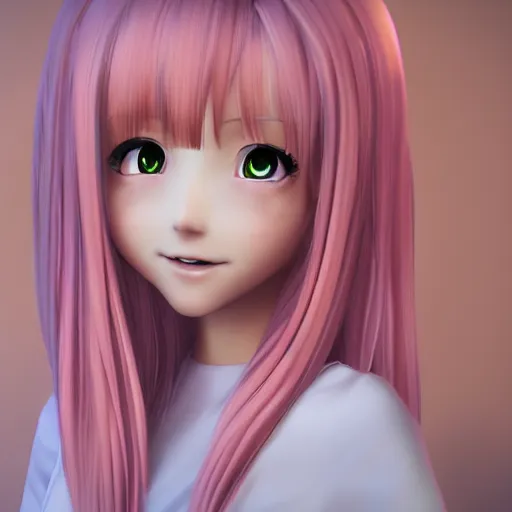 Prompt: Render of Nikki from Shining Nikki Dress-Up Game, a cute 3D anime young woman, long light pink hair, full bangs, full round face, hazel amber eyes, pale skin, cute freckles, light blush, Chinese heritage, smiling softly, wearing casual clothing, interior lighting, cozy home background, medium shot, mid-shot, hyperdetailed, trending on Artstation, Unreal Engine 4k