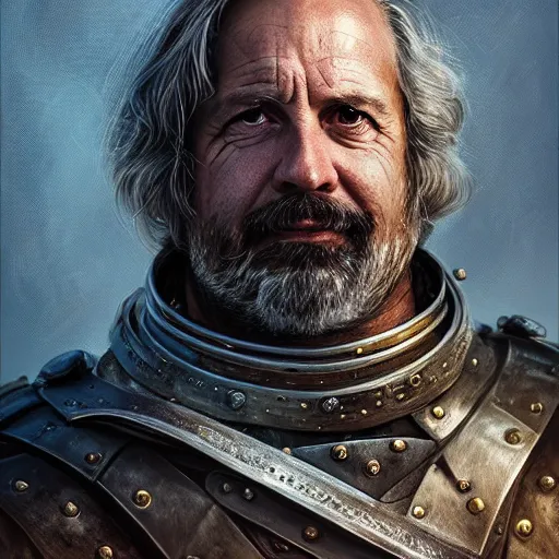 Prompt: portrait of middle - aged man in banded mail, full armor, warrior, graying hair, short stubble, fantasy, medium shot, cinematic, stunning, highly detailed, digital painting, artstation, soft focus, ominous lighting, full body shot, illustration, 1 1 1 1 art by raf grassetti and hugo richard