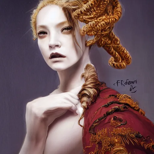 Image similar to portrait of a Shibari rope wrapped face and neck, headshot, insanely nice professional hair style, dramatic hair color, digital painting, of a old 18th century, Royal Emperor, amber jewels, baroque, ornate clothing, scifi, realistic, hyperdetailed, chiaroscuro, concept art, art by Franz Hals and Jon Foster and Ayami Kojima and Amano and Karol Bak,