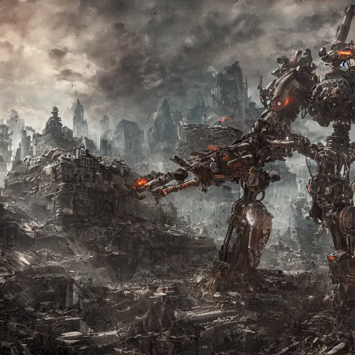 Prompt: mech - warrior background crumbling buildings, hyper - detailed, octane render, sharp focus, 4 k ultra hd, fantasy dark art, apocalyptic art