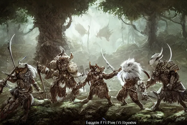 Prompt: dungeons and dragons fantasy painting, close order phalanx of feathered mice spartans, 3 0 0, whimsical and cute, aztec ashigaru. determined expressions, watery eyes, anime inspired, white fur, tufty whiskers, steel blades, in the jungle, by brain froud jessica rossier and greg rutkowski