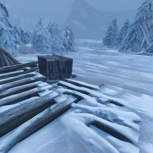 Prompt: frostpunk wood resources, a lot of snow, coast, abandoned