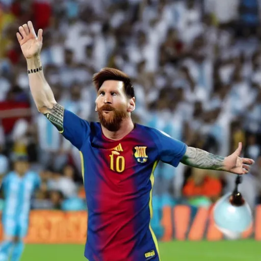 Image similar to messi, wearing argentina's shirt, winning qatar world cup