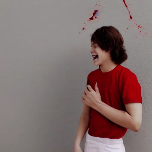 Prompt: a male teen in red with blood and an evil grin with injuries wearing white shirt on a burning background