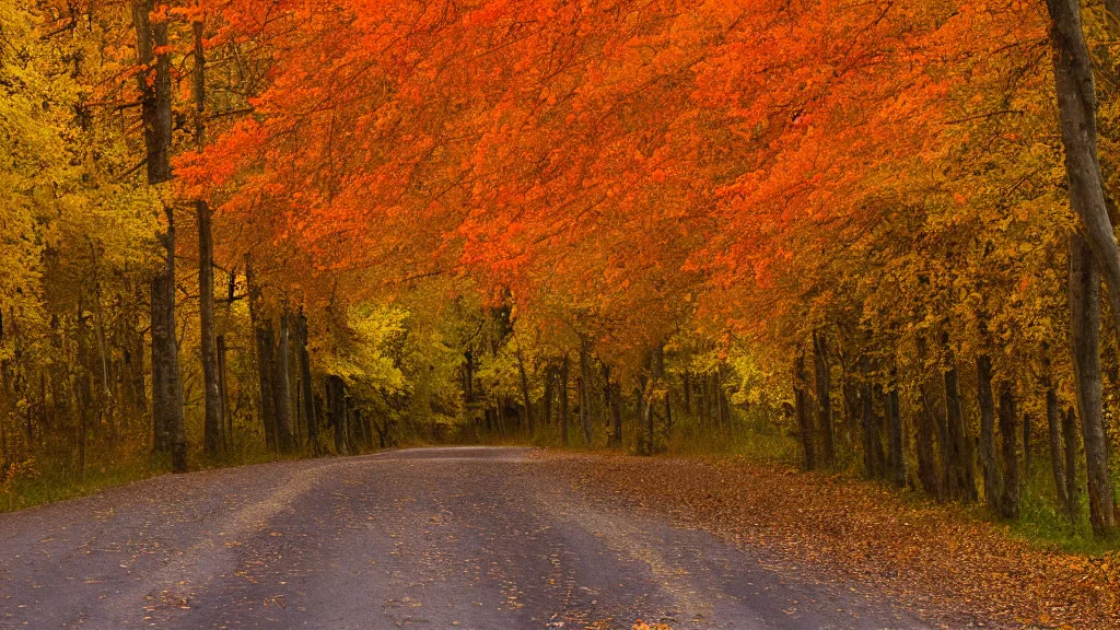 Image similar to a photograph of a country road lined on both sides by maple and poplar trees, in the autumn, red orange and yellow leaves, some leaves have fallen and are under the trees and on the road