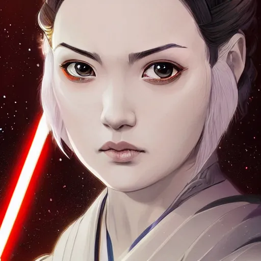 Prompt: one female jedi master, wearing the traditional jedi robe, beautiful and uniquely odd looking, detailed symmetrical close up portrait, intricate complexity, in the style of artgerm and ilya kuvshinov, magic the gathering, star wars art