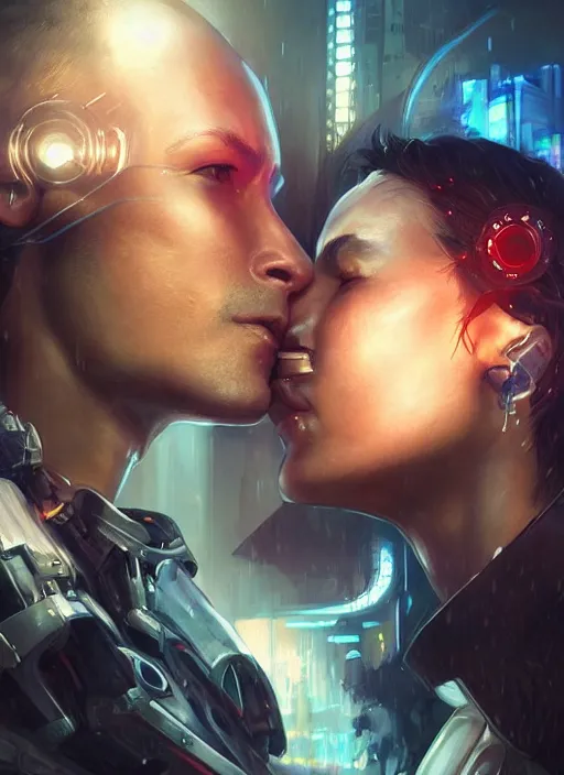 Prompt: cyberpunk, sci - fi, fantasy, ultra realistic close - up of a couple of cyborgs kissing, lovers, faces, led, unreal engine, octane render, soft light, night, highly detailed, digital painting, concept art, sharp focus, illustration, art by artgerm and greg rutkowski and alphonse mucha