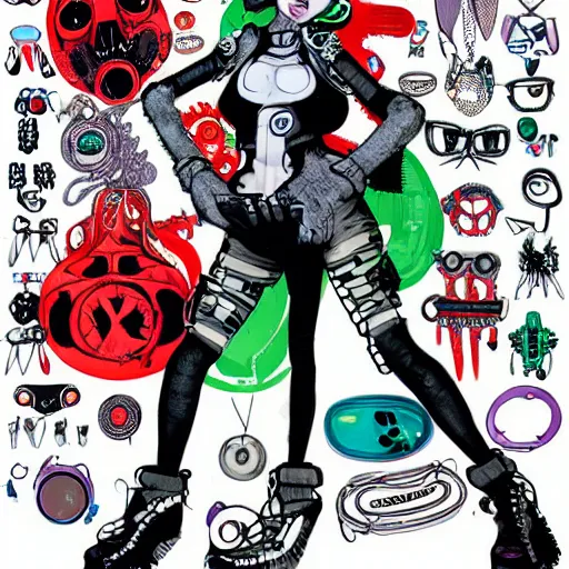 Image similar to a cybergoth woman wearing goggles and eccentric jewelry by jamie hewlett : : full body character concept art, detailed,