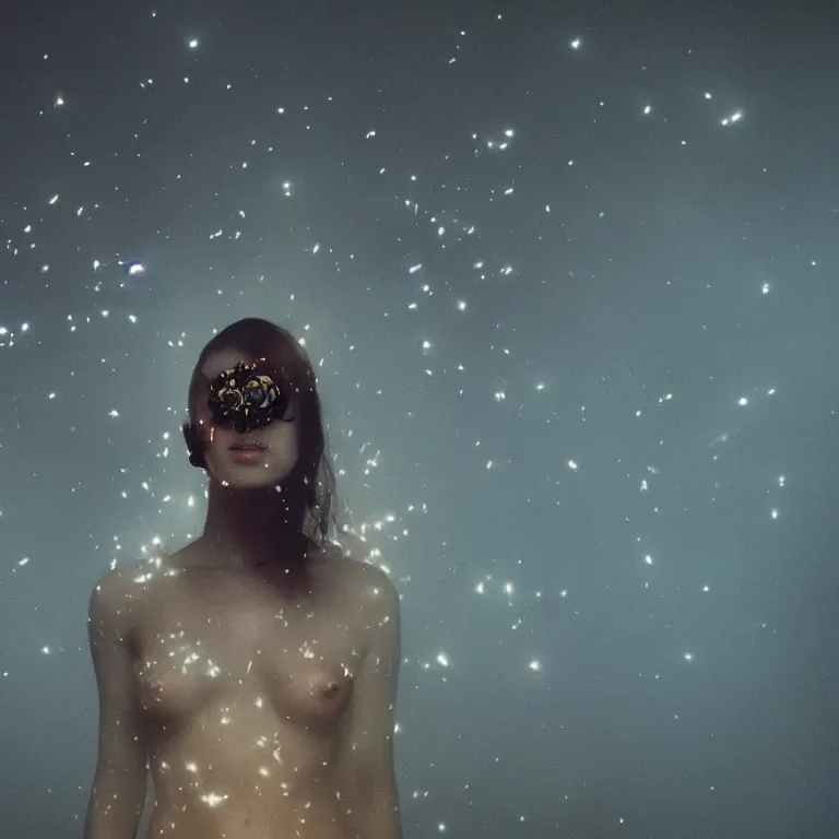 Image similar to The full body shot of beautiful pale woman with many eyes flowers and full-face golden mask inside a thick black smoke in rocky desert landscape, glowing eyes, falling star on the horizon, burning earth by Gaspar Noe and Christopher Doyle, anamorphic lens, anamorphic lens flares, kodakchrome, cinematic composition, practical effects, award winning photo, 8k