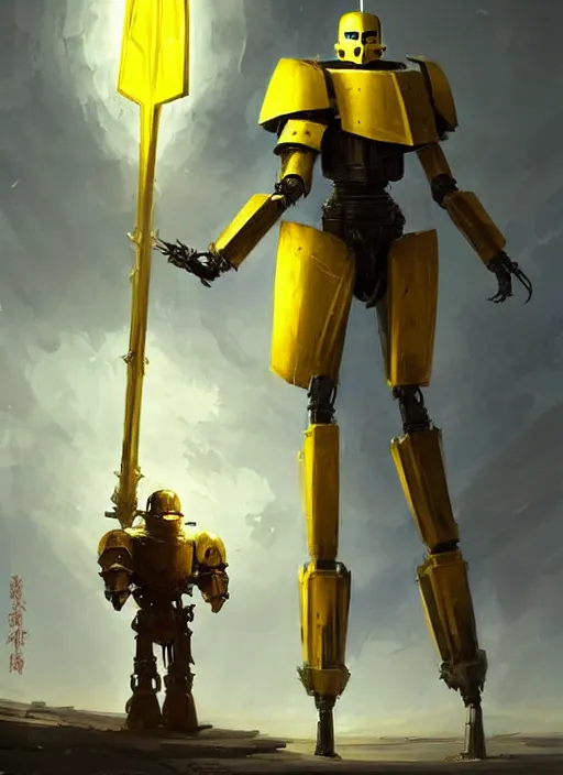 Image similar to tall strong yellow pit droid holding large paladin medieval shield!!! and a long medieval engraved powerful great sword, pancake short large head painterly humanoid mecha, beautiful fantasy background by Greg Rutkowski