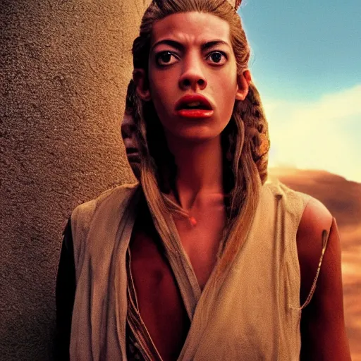 Image similar to film still of jar jar binks as a female cowgirl, long eyeslashes, big juicy lips, big seductive eyes, dramatic cinematic lighting, beautiful magic hour lighting, dolce & gabbana campaign