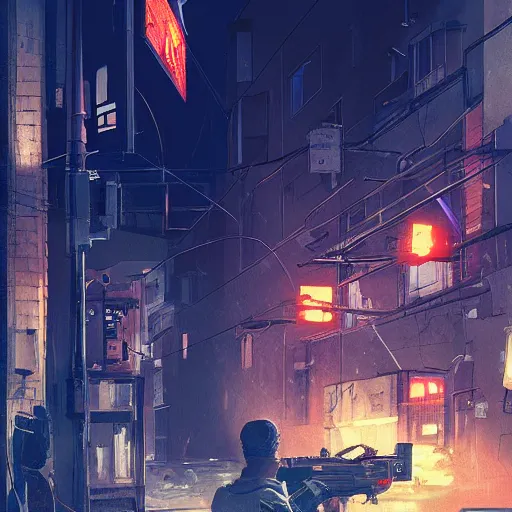 Prompt: credible national security threat handing the viewer an envelope, detailed digital illustration by greg rutkowski, cyberpunk back alley, nighttime