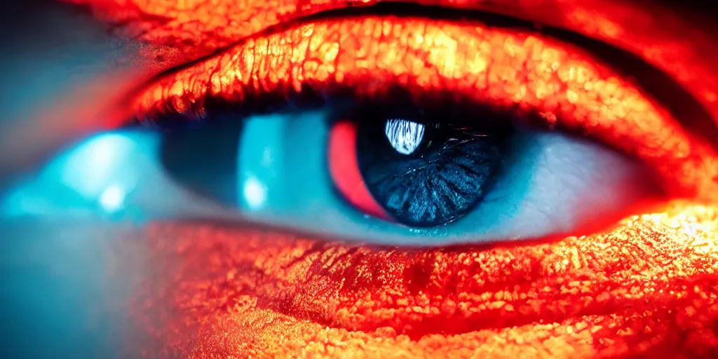 Image similar to an extreme close - up portrait of a neon glowing human eye, photographic filter, unreal engine 5, realistic, hyperdetailed, 8 k, cinematic, volumetric lighting, very realistic effect, hd, hdr, 4 k, sharp focus, octane render, ultra detailed, high resolution, trending on artstation in the style of albert dros glowing rich colors powerful imagery