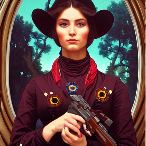 Image similar to a portrait painting of a gunslinger fantasy lady, highly detailed, art by tristan eaton and artgerm and william - adolphe bouguereau