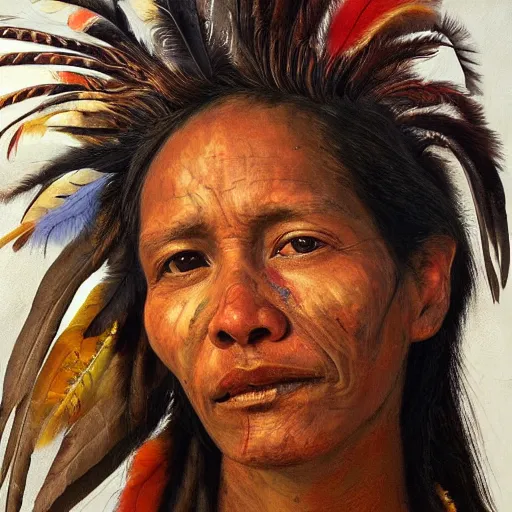 Image similar to high quality high detail painting by jenny saville, hd, a skinny beautiful indigenous woman tribe leader, hair in wind, many pretty feathers, photorealistic lighting