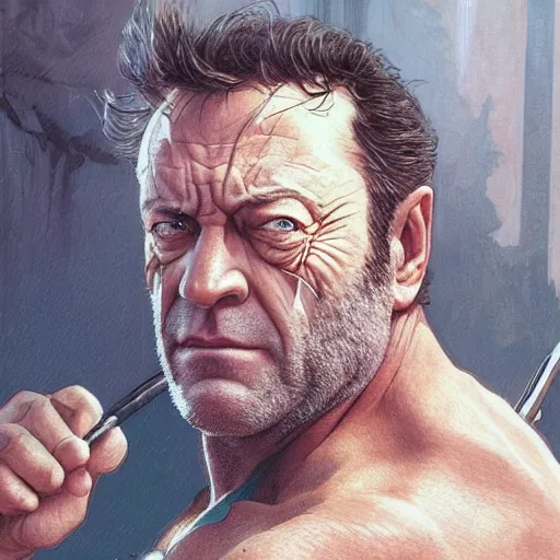 Prompt: portrait of Dean Norris as Wolverine, accurate, intricate, headshot, highly detailed, digital painting, artstation, concept art, sharp focus, illustration, art by artgerm and greg rutkowski and alphonse mucha