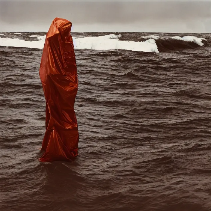 Image similar to a woman wearing wrapped in plastic, standing in front of a giant tsunami wave, color photograph, by vincent desiderio, canon eos c 3 0 0, ƒ 1. 8, 3 5 mm, 8 k, medium - format print