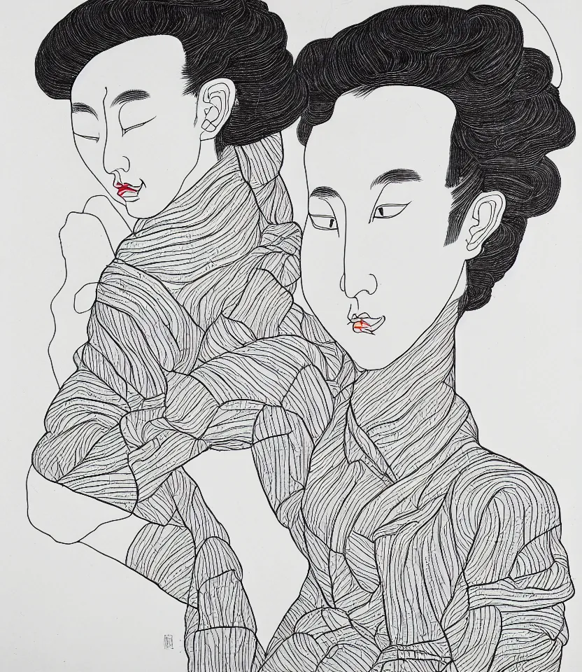 Image similar to detailed line art portrait of sun yatsen, inspired by egon schiele. caricatural, minimalist, bold contour lines, musicality, soft twirls curls and curves, confident personality, raw emotion