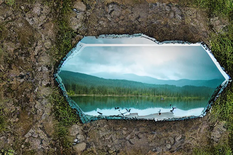 Prompt: lake with mirrors, shattered glass textures, mirrored reflections, cinematic, filmic, realistic, stormy, ominous, portal, forest, kaleidoscope, isometric, hexagonal columns, grid, birds view - n 4