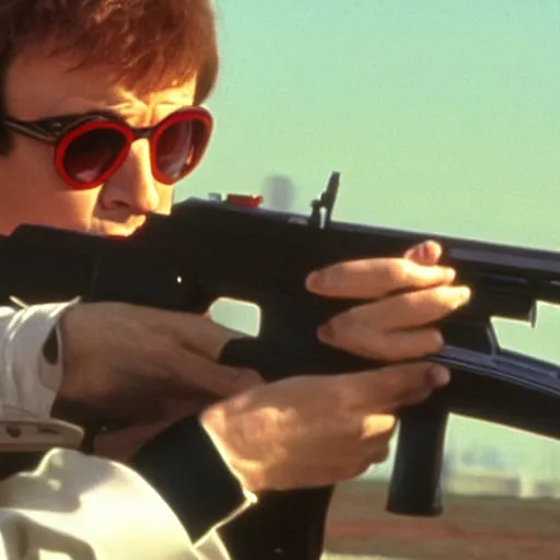 Image similar to austin powers shooting an ak - 4 7, photography, movie,