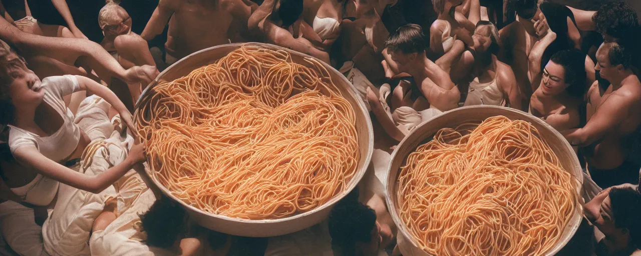 Image similar to a group of people swimming inside a giant bowl of spaghetti, suffocating, canon 5 0 mm, cinematic lighting, photography, retro, film, kodachrome