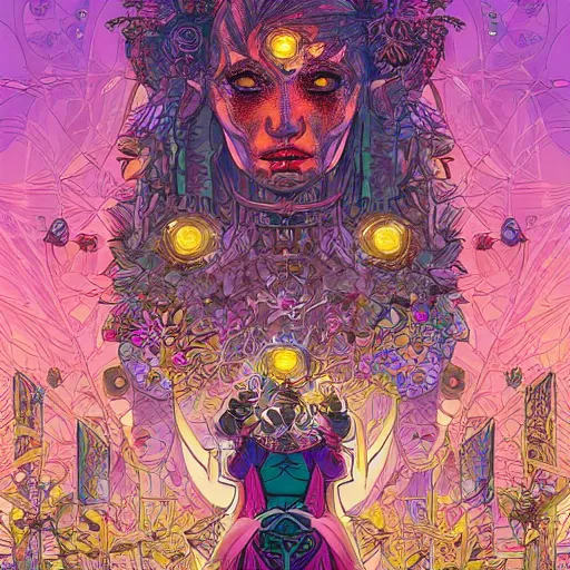 Image similar to the cyborg priestess surrounded by mechanical flowers, Dan Mumford