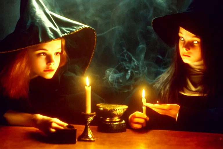 Image similar to 2 0 0 0's photo, close up portrait, dramatic lighting, concentration, calm confident teen witch and her cat, candles and tarot cards displayed on the table in front of her, incense smoke fills the air, a witch hat and cape, apothecary shelves in the background, still from harry potter, alphonse mucha