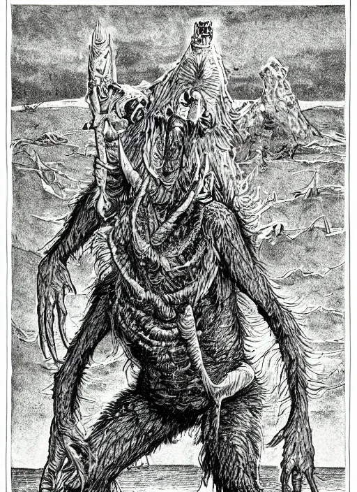 Image similar to a montauk monster as a D&D monster, full body, pen-and-ink illustration, etching, by Russ Nicholson, DAvid A Trampier, larry elmore, 1981, HQ scan, intricate details, Monster Manula, Fiend Folio