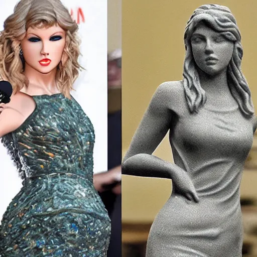 Image similar to stone sculpture of taylor swift and a stone sculpture of harry styles with a stone sculpture of adele singing