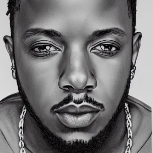 Image similar to pencil sketch of Kendrick Lamar portrait, hyperrealistic, detailed