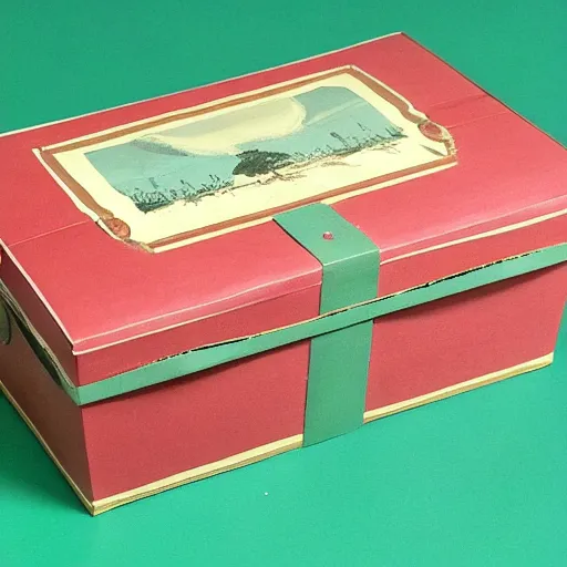 Image similar to vintage craft paper gift box for men, old school, wes anderson style, sealed with old wax