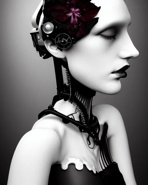 Image similar to black and white dreamy foggy poetic smoky profile face portrait, one silver steampunk realistic eye biomechanical beautiful angelic young female cyclope - cyborg - robot bust, body ribs meshes,, volumetric light, hibiscus flowers, by cecile beaton, rim light, big gothic fashion pearl embroidered collar, 8 k