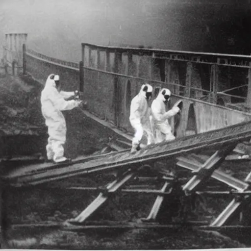 Image similar to old black and white photo, 1 9 1 3, depicting scientists in hazmat suits removing an alien biomechanical corpse on a bridge, historical record, volumetric fog