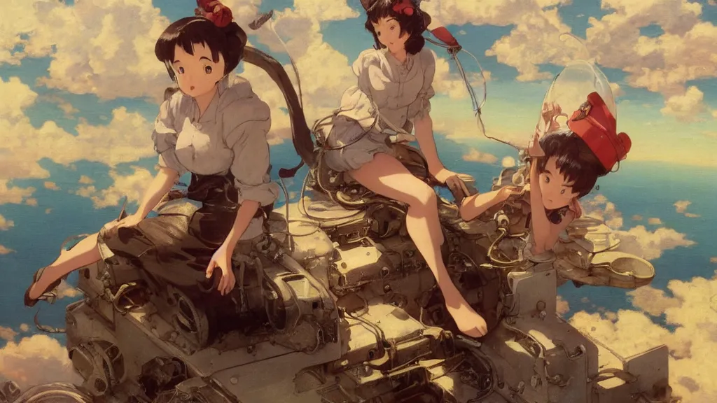 Image similar to a film still of a 1 9 5 0's mechanic anime girl sitting on top of flying ufo, finely detailed features, full body mid shot, perfect art,, trending on pixiv fanbox, painted by gaston bussiere, makoto shinkai, akihiko yoshida, gaston bussiere, craig mullins, studio ghibli