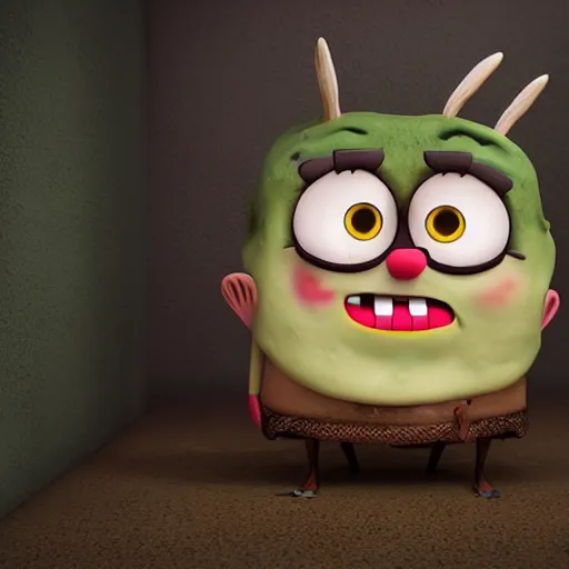 Image similar to ominous mrs puff (spongebob) staring into your soul with realistic, slimy, scary, ambient lighting, rendered in blender, horror, gloomy, dark, terrifying, terror, frightful, super detailed octane render,