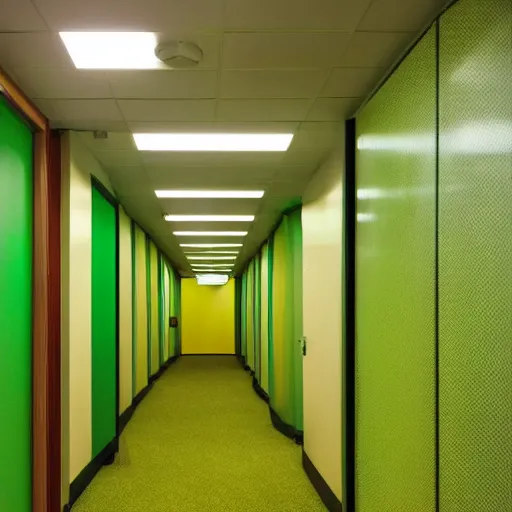 Prompt: a green glowing exit sign in a drab, yellow carpeted, yellow walled office room from the 9 0's