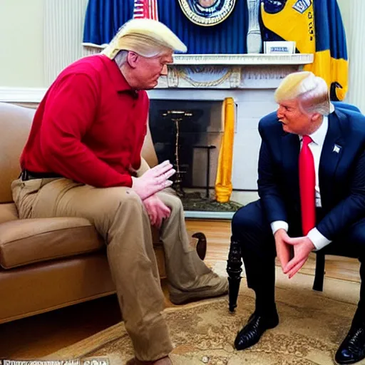 Image similar to giga chad showing donald trump how to use a calculator