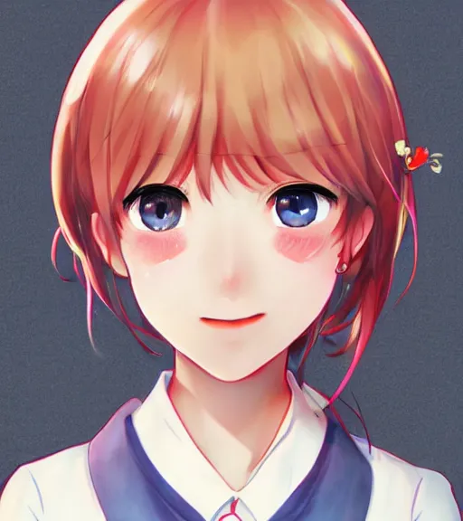 Image similar to portrait of Sayori from Doki Doki Literature Club, detailed facial features, optimistic colors, bright eyes, clear eyes, warm smile, delicate, red bow, school girl, by artgerm