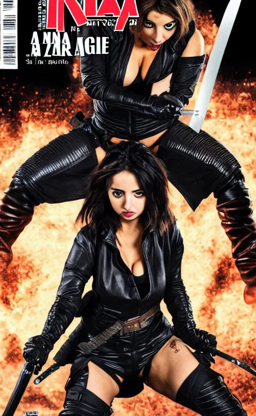 Prompt: ana de armas, ninja, assassin, crouching, black clothes, leather jacket, katana, knife, dawn mcteigue, mirka andolfo, comic book, paperback cover, brian pulido, zenescope