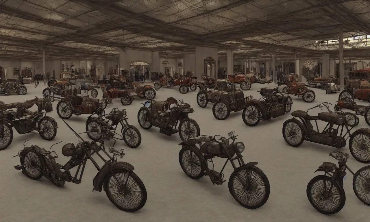 Image similar to exhibition hall of full of restomods cars, restomods bikes, dieselpunk, high detail, shading unreal engine 5, by leonardo da vinci, ambient occlusion