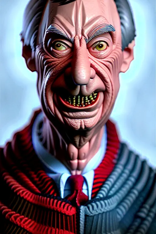 Image similar to hyper realistic portrait painting of evil mr. rogers as freddy krueger, painted by greg rutkowski, wlop, artgerm akoto shinkai trending on artstation