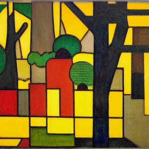 Image similar to frank lloyd wright, a busy painting of trees with a yellow background, an art deco painting by mondrian, featured on pixiv, synthetism, fauvism, creative commons attribution, academic art