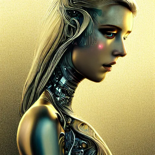 Image similar to gold and silver tones, cybernetic princess, style of moebius, james jean, mcbess, long glowing ethereal hair, cinematic, highly detailed, award winning, 8 k photorealistic