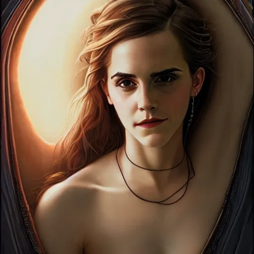 Prompt: portrait of emma watson in the style of gerald brom and mark brooks, cinematic lighting, epic, romantic, 8 k, detailed, coherent, beautiful