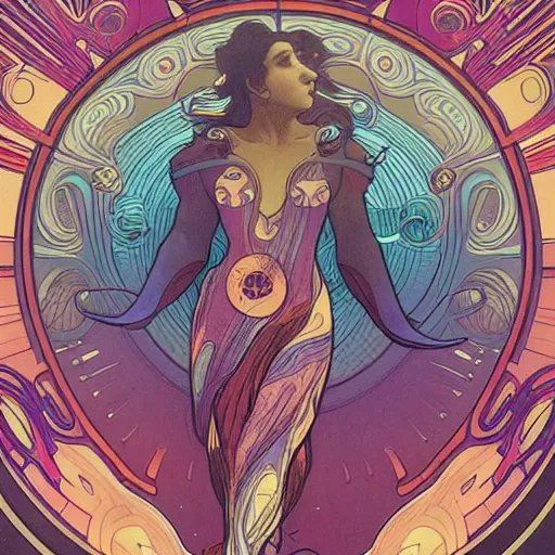 Image similar to a dolphin, astral projection, astral travel, space background, cinematic, detailed, very realistic, by Alphonse Mucha, Moebius, Laurie Greasley