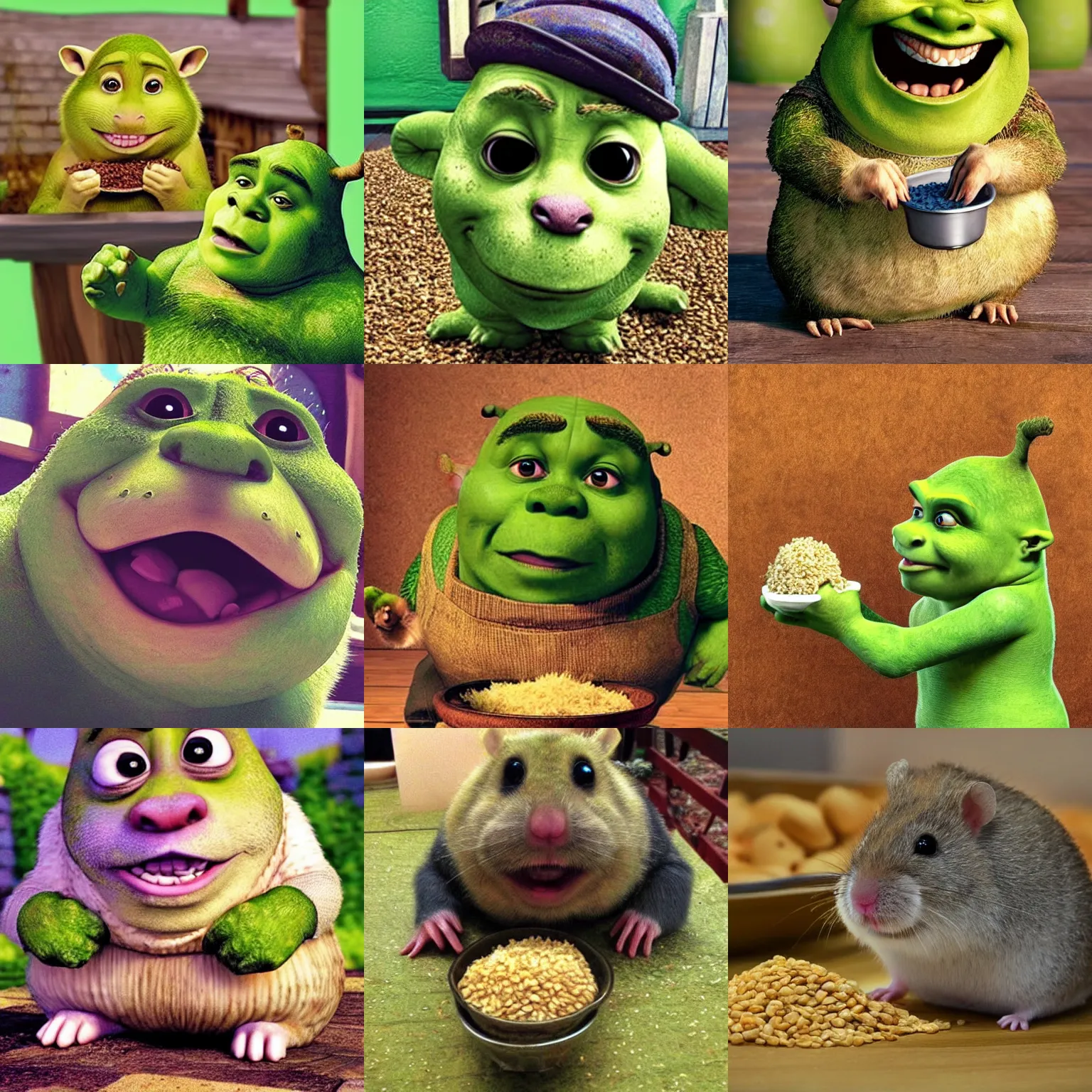 Prompt: “Shrek in hamster form eats grain”