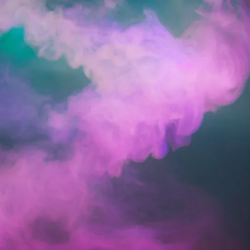 Image similar to dimly lit smoke, muted multi-color lapis rebeca-purple medium-sea-green, muted neon smoke, fog, smoke with vague feathered outline of fierce flying dragons with large outstretched wings, bokeh